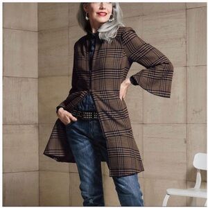 CAbi Flounce Tan Brown Navy Tartan Plaid Jacket Coat Lg NWT